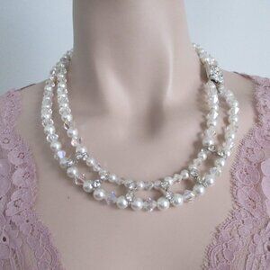 Vintage 2 Strand Necklace Pearl Beads Crystals Rhinestone Clasp on the Side
